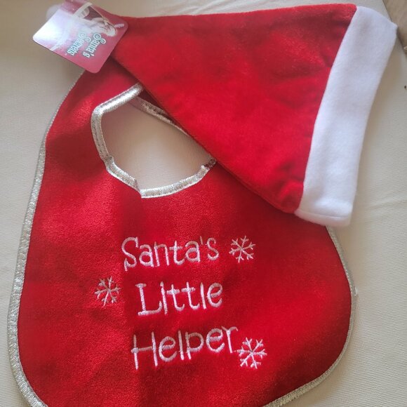 Embroidered Baby's Bib Christmas Red Santa Hat White Pompom and Trim - Picture 2 of 5